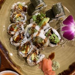 Salmon skin, pickled radish, and eel rolls Salmon skin, pickled radish, and eel rolls