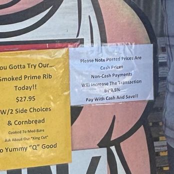 Tennessee's Real BBQ  Real Fast - Illegal surcharge for using a credit card. This is legal under Massachusetts law. - Barbeque Near Me - Peabody, Massachusetts