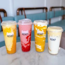 3Cat Handcrafted Beverage - Sunlit Mango Glow, Peachy Strawberry Glow, pumpkin Soy Mochi, Pumpkin Duet
