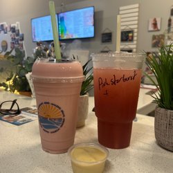Pink starburst mega tea and berry blast shake