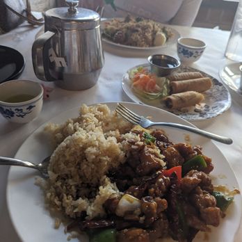 Viet Taste - Orange chicken and fried rice. Egg rolls and the wife's vegetable fried rice.  Plus hot green tea to drink. - Vietnamese Near Me - Albuquerque, New Mexico