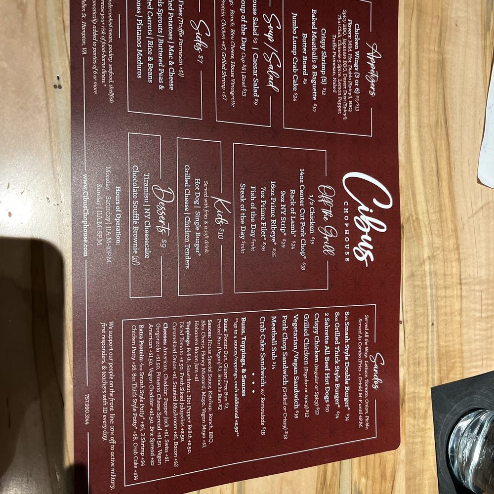 Cibus Chophouse - A bad picture of the menu! - American Near Me - Hampton, Virginia