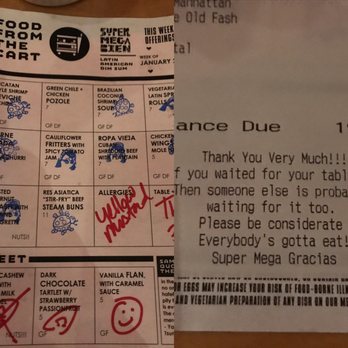 Super Mega Bien - our bingo bill card - they stamp what you eat, and a nice message suggesting to hurry up - Latin American Near Me - Denver, Colorado Super Mega Bien - our bingo bill card - they stamp what you eat, and a nice message suggesting to hurry up - Latin American Near Me - Denver, Colorado