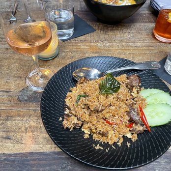 Wayla - BBQ fried rice and glass of rosé - Thai Near Me - New York, New York Wayla - BBQ fried rice and glass of rosé - Thai Near Me - New York, New York
