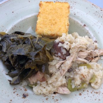 44 & King - Bog, collard greens, and corn bread. Bog is chicken, sausage, rice, and celery. - Pubs Near Me - Myrtle Beach, South Carolina