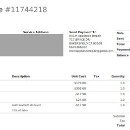 Receipt from MSM Appliance Repair