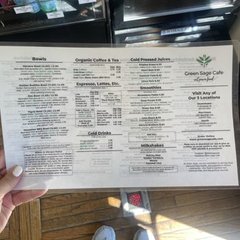 Green Sage Cafe - Downtown - Front of menu - Coffee & Tea Near Me - Asheville, North Carolina
