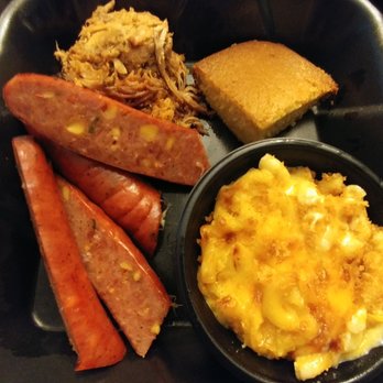 Mission BBQ - Market Sampler with 2 meats - Pulled Pork and Jalepeno Cheesey Sausage with a side of Mac and Cheese and Corn Bread - Barbeque Near Me - Alexandria, Virginia Mission BBQ - Market Sampler with 2 meats - Pulled Pork and Jalepeno Cheesey Sausage with a side of Mac and Cheese and Corn Bread - Barbeque Near Me - Alexandria, Virginia