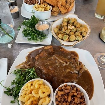 Southern Kitchen - Smothered pork chops and catfish seafood platter, Mac n cheese, black eye peas, fried okra. - Southern Near Me - Richmond, Virginia Southern Kitchen - Smothered pork chops and catfish seafood platter, Mac n cheese, black eye peas, fried okra. - Southern Near Me - Richmond, Virginia
