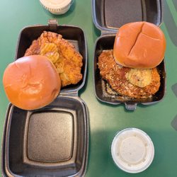 Wingstop - Chicken sandwich: hot honey rub (L) and Mexican street spice (R).