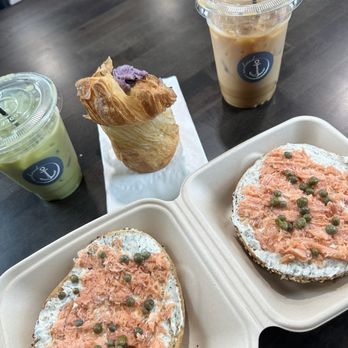 Anchored Coffee and Bakery - The best Matcha Latte in town, a Vanilla Latte, the Steelhead Everything Bagel (made open-faced) and a Blueberry Cruffin (croissant muffin). - Bakeries Near Me - Post Falls, Idaho