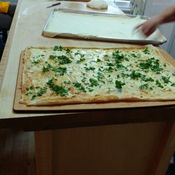 Mezza Luna - Quattro Formaggi pizza (Mozzarella di Bufala, Brie, Gorgonzola, grated Parmigiano Reggiano) with parsley - Cooking Schools Near Me - Montreal, Quebec Mezza Luna - Quattro Formaggi pizza (Mozzarella di Bufala, Brie, Gorgonzola, grated Parmigiano Reggiano) with parsley - Cooking Schools Near Me - Montreal, Quebec