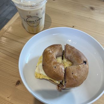 Cocalico Coffee Crafters - Farmer Johns Egg and Cheese Sandwich on a blueberry bagel with sausage and the Crafter drink (sub lavender for white mocha) - Cafes Near Me - Ephrata, Pennsylvania Cocalico Coffee Crafters - Farmer Johns Egg and Cheese Sandwich on a blueberry bagel with sausage and the Crafter drink (sub lavender for white mocha) - Cafes Near Me - Ephrata, Pennsylvania