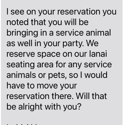 Restaurant manager text to me: segregation of a customer with a service animal. Restaurant manager text to me: segregation of a customer with a service animal.