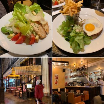 Café de Paris - Chicken Caesar salad, a hamburger patty w/egg and fries. Exterior & interior view. - Brasseries Near Me - Paris, 75 Café de Paris - Chicken Caesar salad, a hamburger patty w/egg and fries. Exterior & interior view. - Brasseries Near Me - Paris, 75