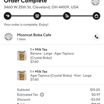 MoonCat Boba Cafe - My receipt of my door dash order from Mooncat. If these are there "normal milk teas" they have absolutely no flavor. - Beverage Store Near Me - Cleveland, Ohio MoonCat Boba Cafe - My receipt of my door dash order from Mooncat. If these are there "normal milk teas" they have absolutely no flavor. - Beverage Store Near Me - Cleveland, Ohio