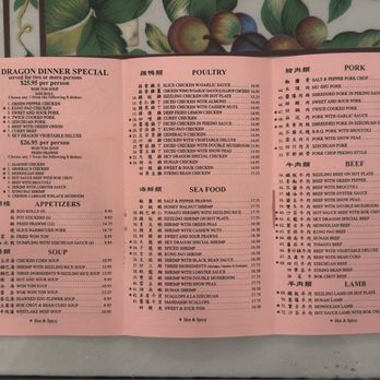 Sky Dragon - Menu back. Dinner special, appetizers, soup, poultry, seafood, pork, beef, lamb. - Chinese Near Me - South San Francisco, California