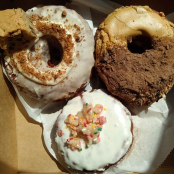 PVDonuts - Two brioche (brown butter and coffee cocoa) and one stuffed (funfetti cheesecake I believe) - Donuts Near Me - Providence, Rhode Island PVDonuts - Two brioche (brown butter and coffee cocoa) and one stuffed (funfetti cheesecake I believe) - Donuts Near Me - Providence, Rhode Island