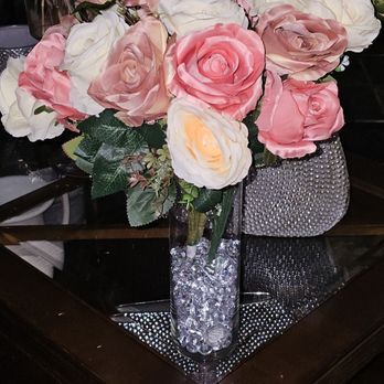 Silky Silk Flowers - Look how beautiful. I designed for my Mom's 90th birthday party. Pink, blush, cream roese with the crystals fillers in the vase. - Florists Near Me - Dallas, Texas Silky Silk Flowers - Look how beautiful. I designed for my Mom's 90th birthday party. Pink, blush, cream roese with the crystals fillers in the vase. - Florists Near Me - Dallas, Texas
