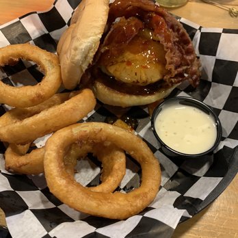 The Garage - White wall hula with onion rings. - Burgers Near Me - Kenosha, Wisconsin The Garage - White wall hula with onion rings. - Burgers Near Me - Kenosha, Wisconsin