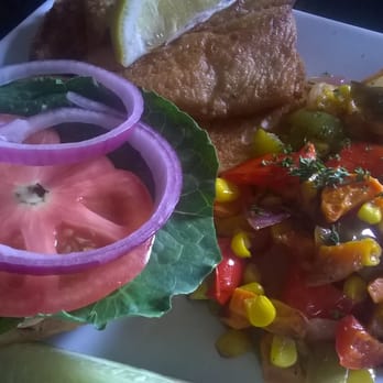 Fire By The Monon - "Lake" Pan-fried trout with lettuce, tomato, red onion and chipotle mayonnaise and the roasted veggie side. - American Near Me - Indianapolis, Indiana