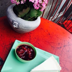 Slice of San Francisco - The cheesecake with cherry sauce.