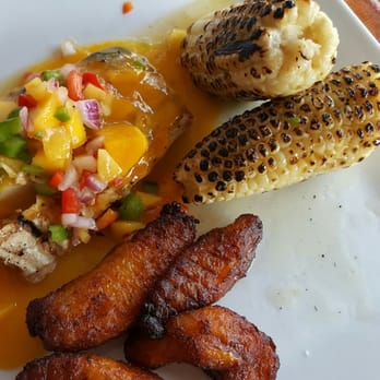 Casa Maya - Mahi with mango salsa, roasted corn and fried plantains. Delicious! - Mexican Near Me - St Augustine, Florida