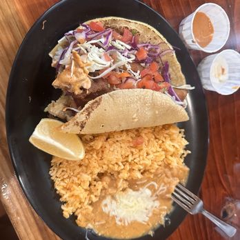 Los Pericos Bar & Grill - Fried fish taco with rice and beans - Mexican Near Me - Visalia, California Los Pericos Bar & Grill - Fried fish taco with rice and beans - Mexican Near Me - Visalia, California