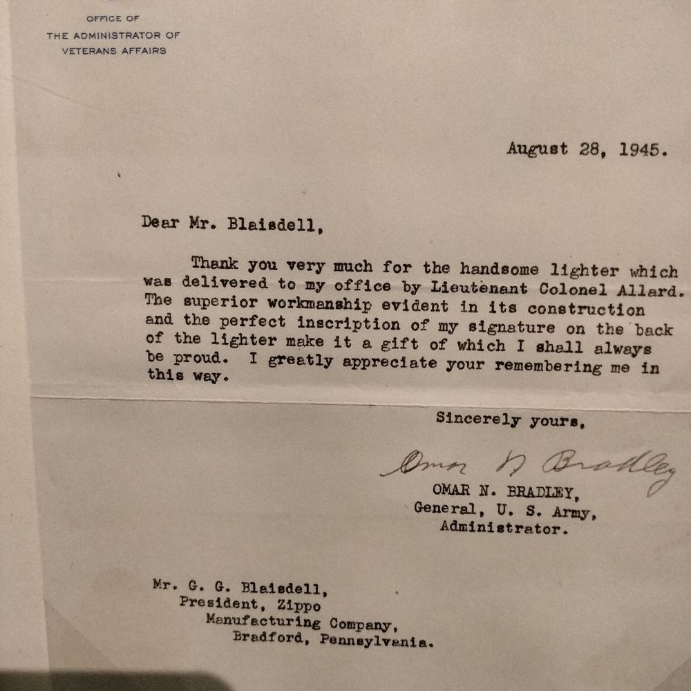 Zippo/Case Museum & Flagship Store - General Bradley sending thanks for his Zippo lighter, 1945. - Museums Near Me - Bradford, Pennsylvania Zippo/Case Museum & Flagship Store - General Bradley sending thanks for his Zippo lighter, 1945. - Museums Near Me - Bradford, Pennsylvania