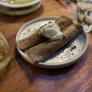 Gathering Together Farm - a plate of crepes and a glass of wine - Farmers Market Near Me - Philomath, Oregon