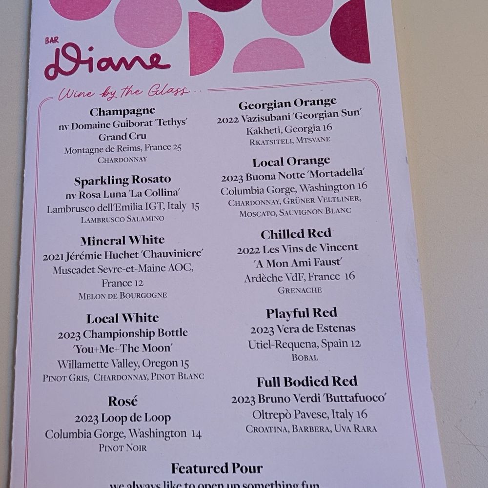 Bar Diane - Menu July 2025 - Wine Bars Near Me - Portland, Oregon
