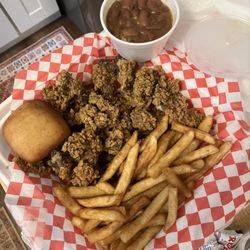 Sam's Southern Eatery - Chicken liver combo with fries, red beans and rice and, roll. Delicious!