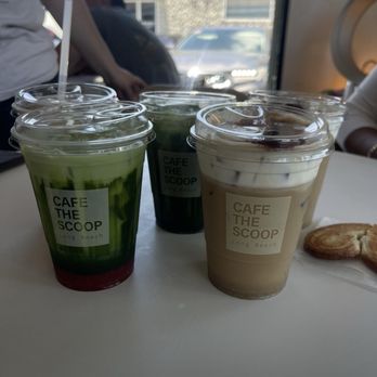 Cafe The Scoop - Strawberry matcha, banana latte with vanilla cold foam, banana matcha, scoop latte. - Cafes Near Me - Long Beach, California