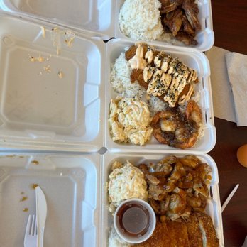 Kalama's Island Style - Kalbi short ribs, seafood combo; panko crusted white fish and garlic shrimp, and last plate is chicken katsu and teriyaki chicken combo. - Hawaiian Near Me - Cedar City, Utah Kalama's Island Style - Kalbi short ribs, seafood combo; panko crusted white fish and garlic shrimp, and last plate is chicken katsu and teriyaki chicken combo. - Hawaiian Near Me - Cedar City, Utah