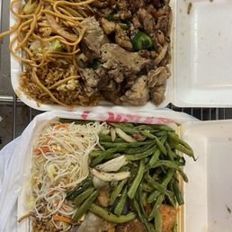 Yummy beef & potatoes, pork riblets, chow mein// string beans, eggplant tofu, rice noodles and fried rice. Massive & delicious.