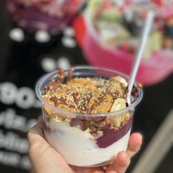 Blissful Bowlz - Coconut sorbet, Acai, granola, bananas, Nutella, peanut butter, almond butter, hemp hearts.