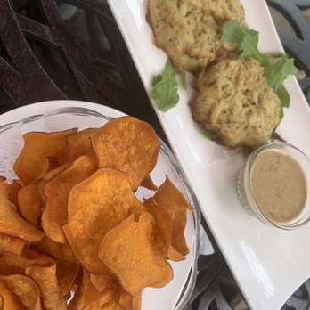 Wild Thyme Gourmet - Crab cakes and sweet potato chips - New American Near Me - Highlands, North Carolina Wild Thyme Gourmet - Crab cakes and sweet potato chips - New American Near Me - Highlands, North Carolina