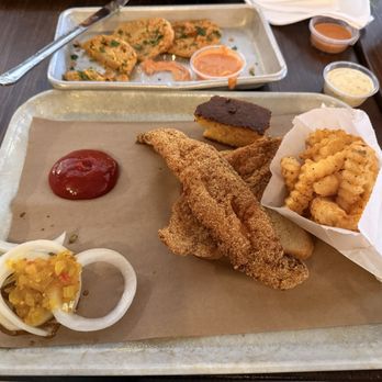 Grace Meat + Three - Cat fish, fries, cornbread and fried green tomatoes. - Southern Near Me - St Louis, Missouri Grace Meat + Three - Cat fish, fries, cornbread and fried green tomatoes. - Southern Near Me - St Louis, Missouri