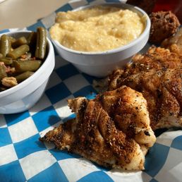 Grouper platter, cheese grits, green beans and hush puppies. Grouper platter, cheese grits, green beans and hush puppies.