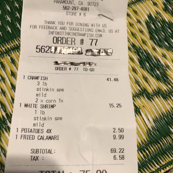 Paramount Stinkin Crawfish - Receipt of horrible seafood soaked in watery seasoning sauce! Will never be back - Seafood Near Me - Paramount, California Paramount Stinkin Crawfish - Receipt of horrible seafood soaked in watery seasoning sauce! Will never be back - Seafood Near Me - Paramount, California