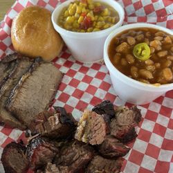 JC's Bar-B-Q Place - Brisket Plate Burnt ends spicy beans and Cajun corn