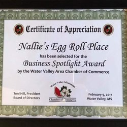 Nallie's Place - Business Spotlight Award by the Water Valley Area Chamber of Commerce