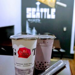 DING TEA SEATTLE - Lychee Yakult ($6.45). Taro Milk Tea ($5.45).