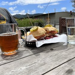 Low & Slow BBQ - Fried Chicken Sandwich and a mug of Mad River Brewery's Jamaican Red being enjoyed by a few of our loyal regulars