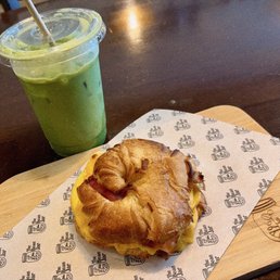 Egg Cheese & Bacon, iced matcha latte Egg Cheese & Bacon, iced matcha latte