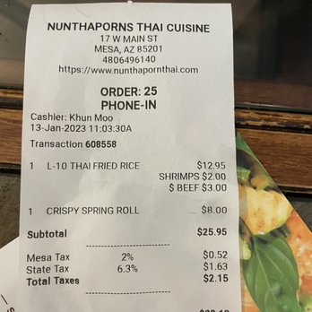 PP Thai & Sushi - Receipt over charged and way over priced !! - Thai Near Me - Mesa, Arizona