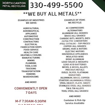 North Canton Metal Recycling - Open 7 days @7:30am
We are here for all your metal recycling needs!
Come on in and see us today! - Recycling Center Near Me - North Canton, Ohio North Canton Metal Recycling - Open 7 days @7:30am
We are here for all your metal recycling needs!
Come on in and see us today! - Recycling Center Near Me - North Canton, Ohio