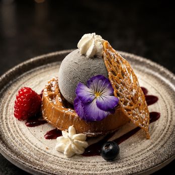 Rio Izakaya - Midnight Rendezvous: black sesame ice cream over warm mini waffle - Japanese Near Me - Tampa, Florida Rio Izakaya - Midnight Rendezvous: black sesame ice cream over warm mini waffle - Japanese Near Me - Tampa, Florida