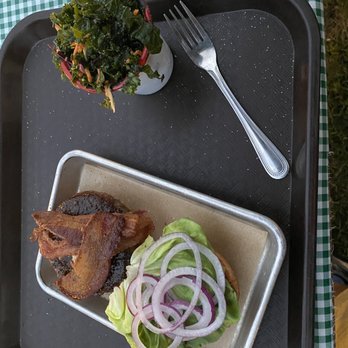 James Ranch Grill - Blue Cheese, Bacon, BBQ Burger with a side of Kale/Apple/ Carrot slaw. - New American Near Me - Durango, Colorado
