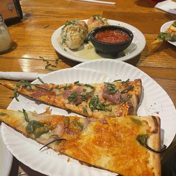 Five Points Pizza - Veggie and Prosciutto & Basil pizza double cut to share - Italian Near Me - Nashville, Tennessee